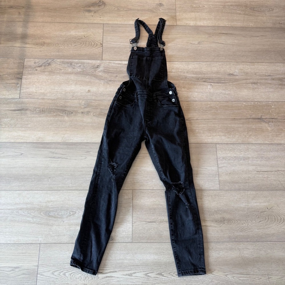 Mandee Denim Womens Black Distressed Slim Fit Overalls Size 1 Style 16-1040 EUC
